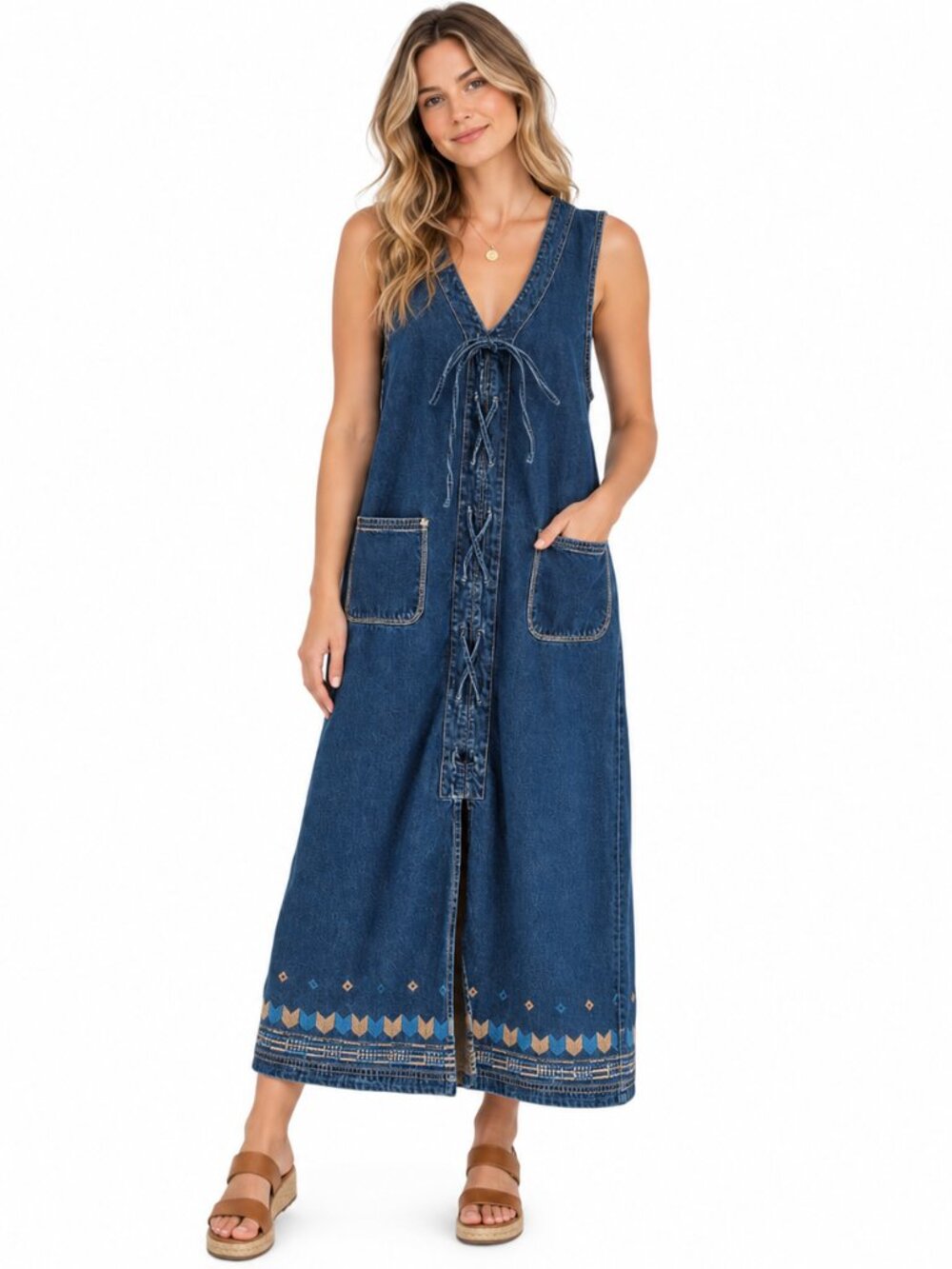 90s Y2K Denim Jumper Maxi Dress L Blue Lace Up Embroidered Cottagecore Modest